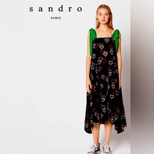 Sandro Paris Hearts Black dress with Green Ribbon bow straps NWOT Size 40